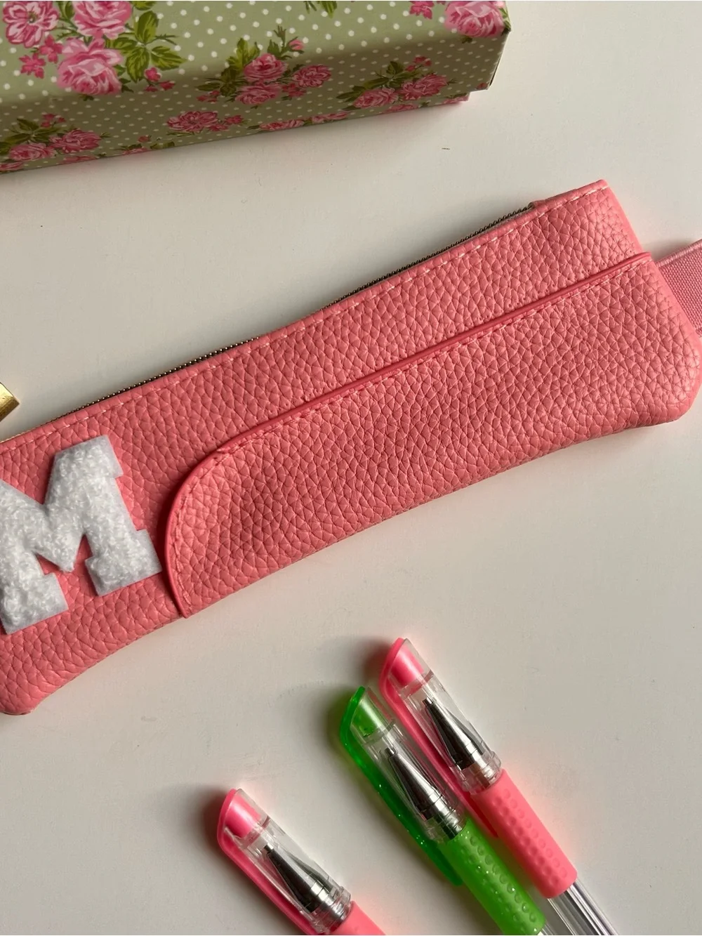 Pencil Case in Pink Faux Leather with White Chenille Varsity Monogrammed
